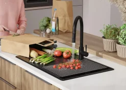 PRIMAGRAN Evier Cuisine en Granit Tout Noir 78x50cm, Lavabo 1 bac + Kit de Vidage + Accessoires, Évier à Encastrer au meuble 45cm