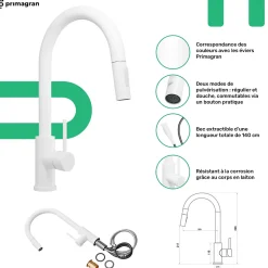 PRIMAGRAN Evier Cuisine en Granit Blanc 76x47cm, Lavabo 2 bacs + Kit de Vidage + Accessoires, Évier à Encastrer au meuble 80cm