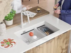 PRIMAGRAN Evier Cuisine en Granit Blanc 76x47cm, Lavabo 2 bacs + Kit de Vidage + Accessoires, Évier à Encastrer au meuble 80cm