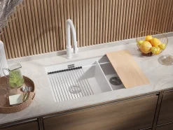 PRIMAGRAN Evier Cuisine en Granit Blanc 76x47cm, Lavabo 2 bacs + Kit de Vidage + Accessoires, Évier à Encastrer au meuble 80cm