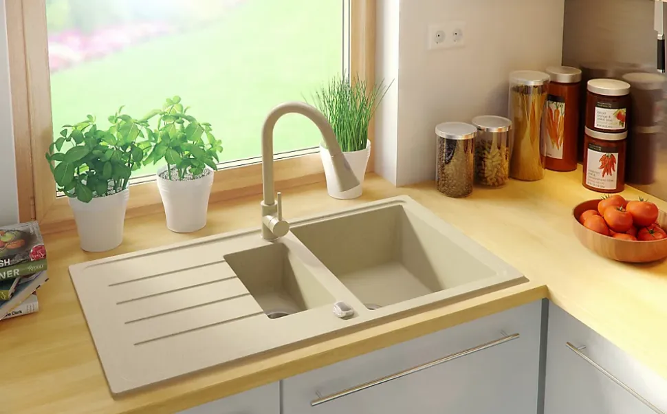 PRIMAGRAN Evier Cuisine en Granit Beige 90x50cm, Lavabo 1,5 bacs + Kit de Vidage + Accessoires, Évier à Encastrer au meuble 60cm