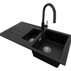 PRIMAGRAN Evier Cuisine en Granit Noir 90x50cm, Lavabo 1,5 bacs + Kit de Vidage + Accessoires, Évier à Encastrer au meuble 60cm