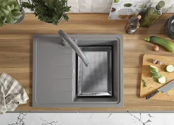 PRIMAGRAN Evier Cuisine en Granit Gris 62x50cm, Lavabo 1 bac + Kit de Vidage, Évier à Encastrer au meuble 40cm - Milan