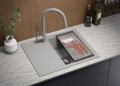 PRIMAGRAN Evier Cuisine en Granit Gris 62x50cm, Lavabo 1 bac + Kit de Vidage, Évier à Encastrer au meuble 40cm - Milan
