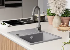 PRIMAGRAN Evier Cuisine en Granit Gris 62x50cm, Lavabo 1 bac + Kit de Vidage, Évier à Encastrer au meuble 40cm - Milan