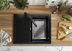 PRIMAGRAN Evier Cuisine en Granit Noir 62x50cm, Lavabo 1 bac + Kit de Vidage, Évier à Encastrer au meuble 40cm - Milan