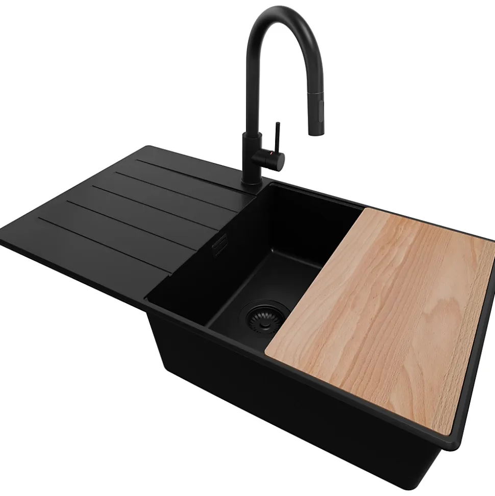 PRIMAGRAN Evier Cuisine en Granit Tout Noir 90x50cm, Lavabo 1 bac + Kit de Vidage + Accessoires, Évier à Encastrer au meuble 60cm
