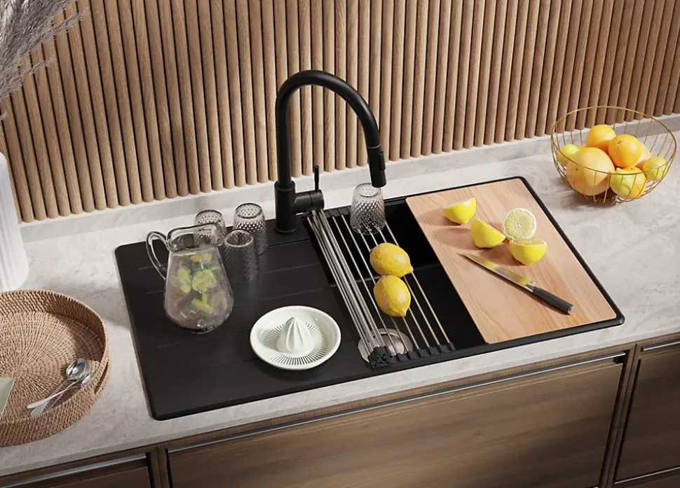 PRIMAGRAN Evier Cuisine en Granit Tout Noir 90x50cm, Lavabo 1 bac + Kit de Vidage + Accessoires, Évier à Encastrer au meuble 60cm