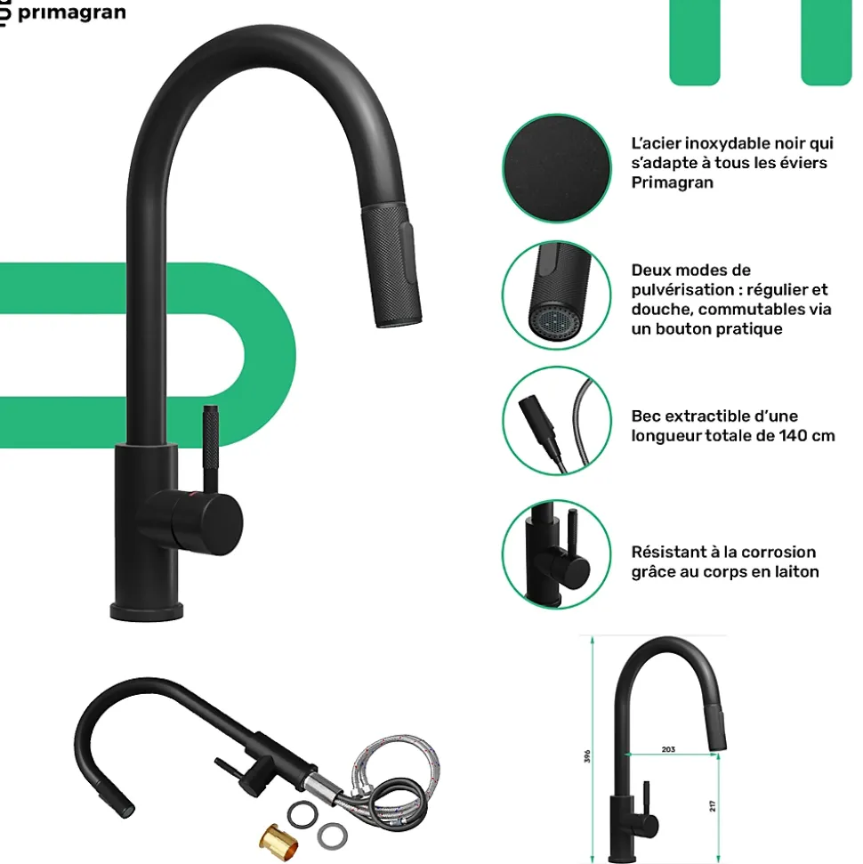 PRIMAGRAN Evier Cuisine en Granit Tout Noir 90x50cm, Lavabo 1 bac + Kit de Vidage + Accessoires, Évier à Encastrer au meuble 60cm