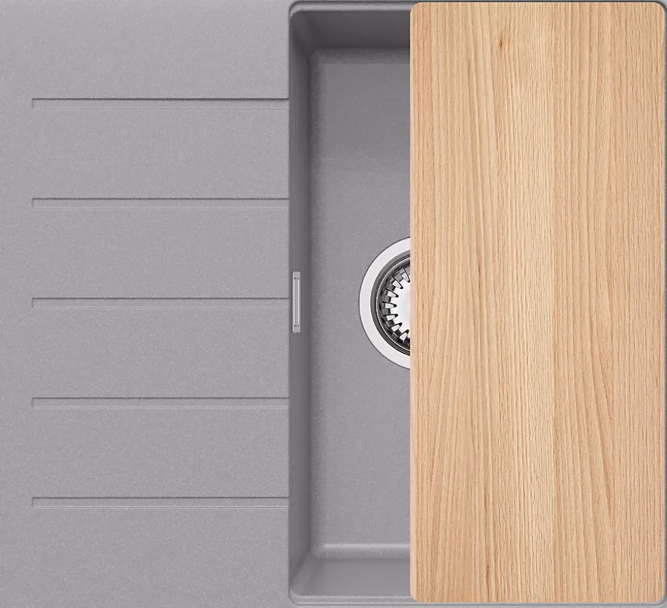 PRIMAGRAN Evier Cuisine en Granit Gris 55x50cm, Lavabo 1 bac + Kit de Vidage + Accessoires, Évier à Encastrer au meuble 40cm