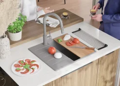 PRIMAGRAN Evier Cuisine en Granit Gris 55x50cm, Lavabo 1 bac + Kit de Vidage + Accessoires, Évier à Encastrer au meuble 40cm