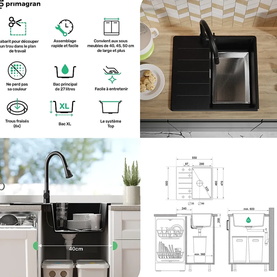 PRIMAGRAN Evier Cuisine en Granit Gris 55x50cm, Lavabo 1 bac + Kit de Vidage + Accessoires, Évier à Encastrer au meuble 40cm