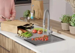 PRIMAGRAN Evier Cuisine en Granit Gris 55x50cm, Lavabo 1 bac + Kit de Vidage + Accessoires, Évier à Encastrer au meuble 40cm