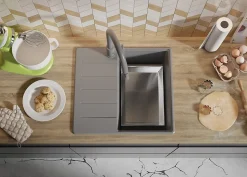 PRIMAGRAN Evier Cuisine en Granit Gris 55x50cm, Lavabo 1 bac + Kit de Vidage + Accessoires, Évier à Encastrer au meuble 40cm