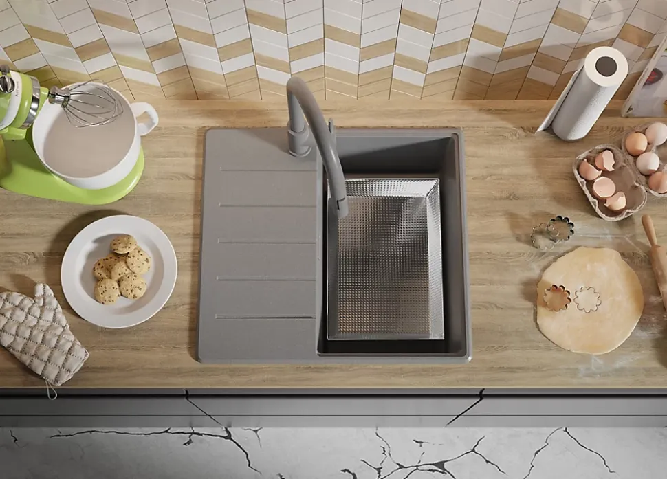 PRIMAGRAN Evier Cuisine en Granit Gris 55x50cm, Lavabo 1 bac + Kit de Vidage + Accessoires, Évier à Encastrer au meuble 40cm