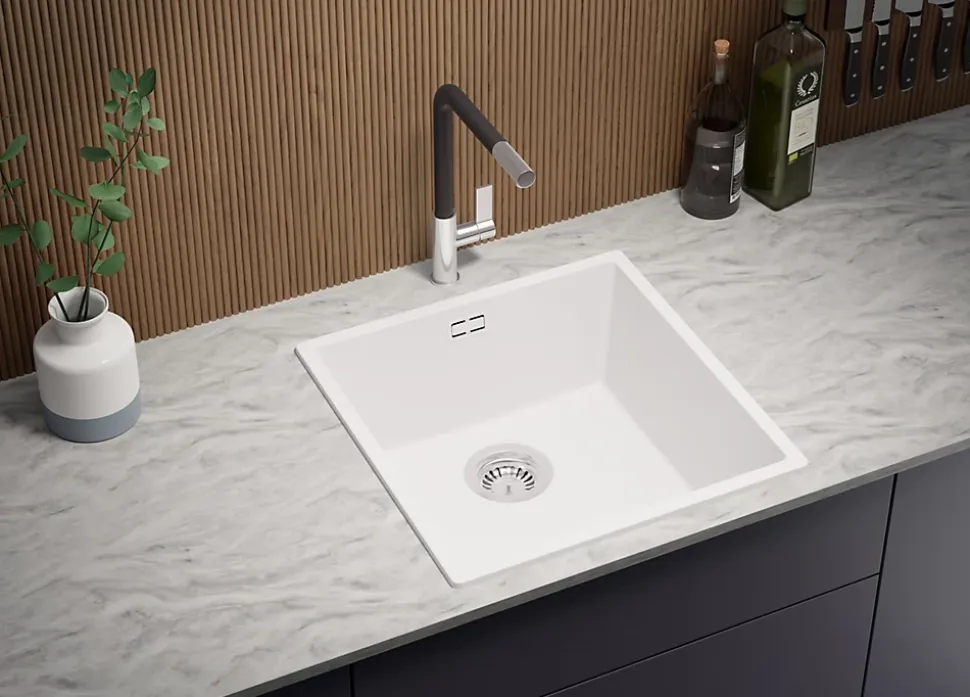 PRIMAGRAN Evier Cuisine en Granit Blanc 46x47cm, Lavabo 1 bac + Kit de Vidage, Évier à Encastrer au meuble 50cm - London Slim