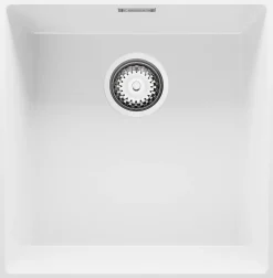 PRIMAGRAN Evier Cuisine en Granit Blanc 46x47cm, Lavabo 1 bac + Kit de Vidage, Évier à Encastrer au meuble 50cm - London Slim