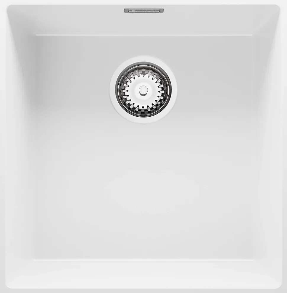 PRIMAGRAN Evier Cuisine en Granit Blanc 46x47cm, Lavabo 1 bac + Kit de Vidage, Évier à Encastrer au meuble 50cm - London Slim