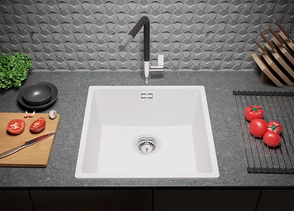PRIMAGRAN Evier Cuisine en Granit Blanc 46x47cm, Lavabo 1 bac + Kit de Vidage, Évier à Encastrer au meuble 50cm - London Slim