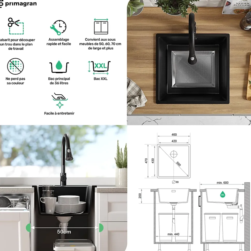 PRIMAGRAN Evier Cuisine en Granit Blanc 46x47cm, Lavabo 1 bac + Kit de Vidage, Évier à Encastrer au meuble 50cm - London Slim