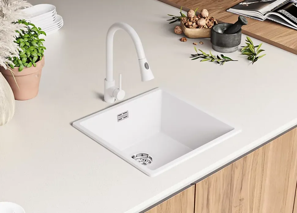 PRIMAGRAN Evier Cuisine en Granit Blanc 46x47cm, Lavabo 1 bac + Kit de Vidage, Évier à Encastrer au meuble 50cm - London Slim