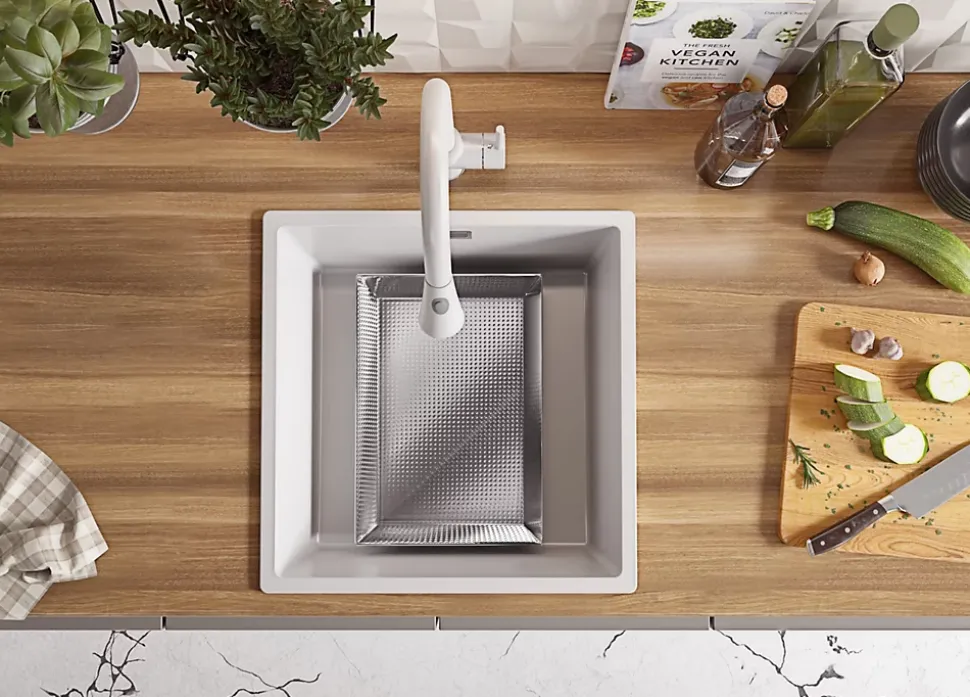 PRIMAGRAN Evier Cuisine en Granit Blanc 46x47cm, Lavabo 1 bac + Kit de Vidage, Évier à Encastrer au meuble 50cm - London Slim