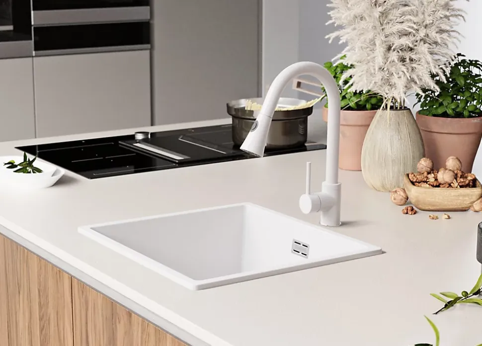 PRIMAGRAN Evier Cuisine en Granit Blanc 46x47cm, Lavabo 1 bac + Kit de Vidage, Évier à Encastrer au meuble 50cm - London Slim