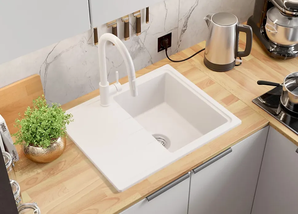 PRIMAGRAN Evier Cuisine en Granit Blanc 62x50cm, Lavabo 1 bac + Kit de Vidage, Évier à Encastrer au meuble 40cm - Milan