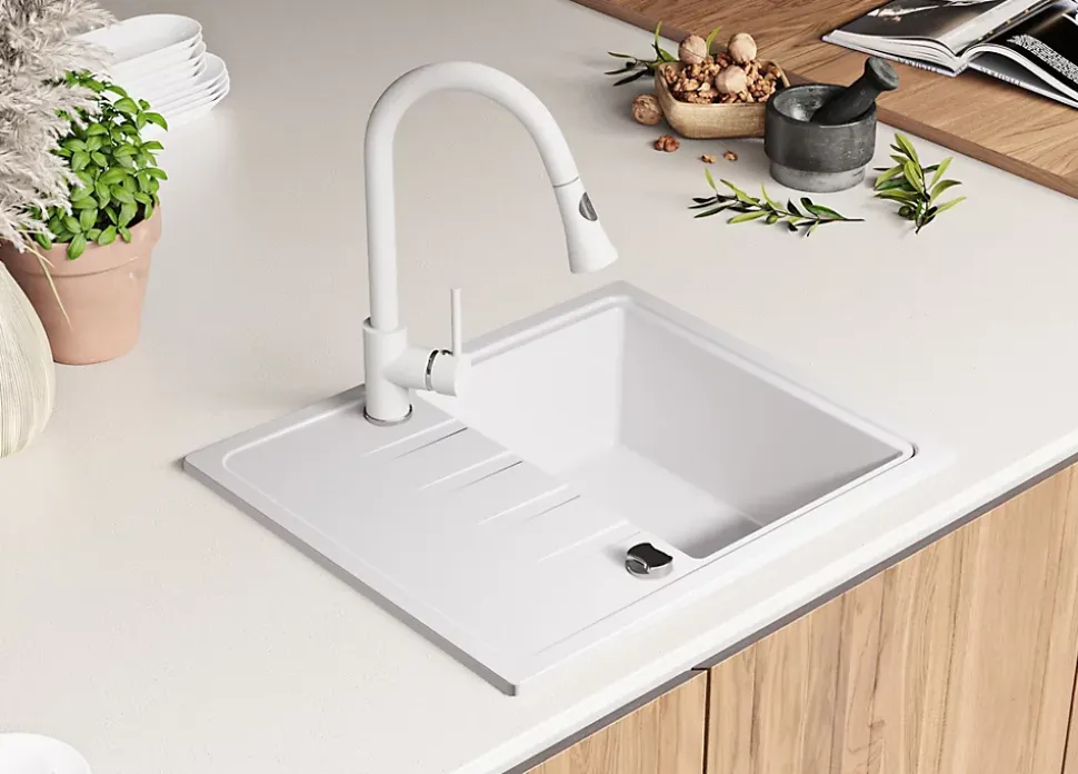 PRIMAGRAN Evier Cuisine en Granit Blanc 62x50cm, Lavabo 1 bac + Kit de Vidage, Évier à Encastrer au meuble 40cm - Milan