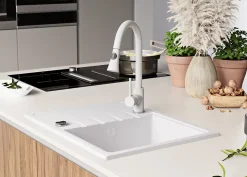 PRIMAGRAN Evier Cuisine en Granit Blanc 62x50cm, Lavabo 1 bac + Kit de Vidage, Évier à Encastrer au meuble 40cm - Milan