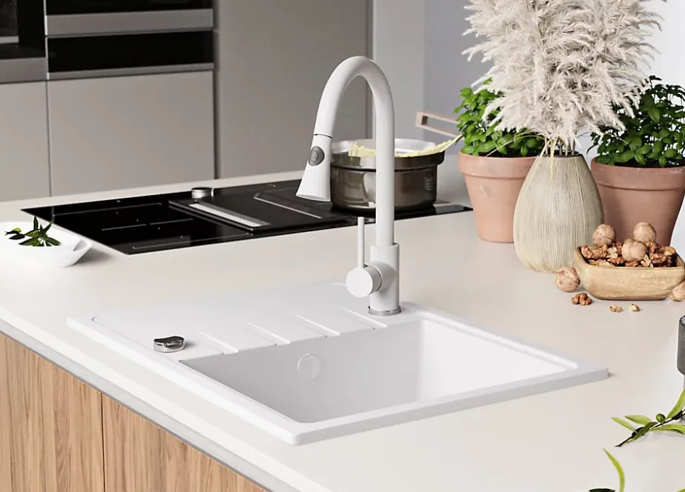 PRIMAGRAN Evier Cuisine en Granit Blanc 62x50cm, Lavabo 1 bac + Kit de Vidage, Évier à Encastrer au meuble 40cm - Milan