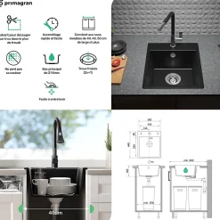 PRIMAGRAN Evier Cuisine en Granit Noir 38x44cm, Lavabo 1 bac + Kit de Vidage, Évier à Encastrer au meuble 40cm - Riga Easy