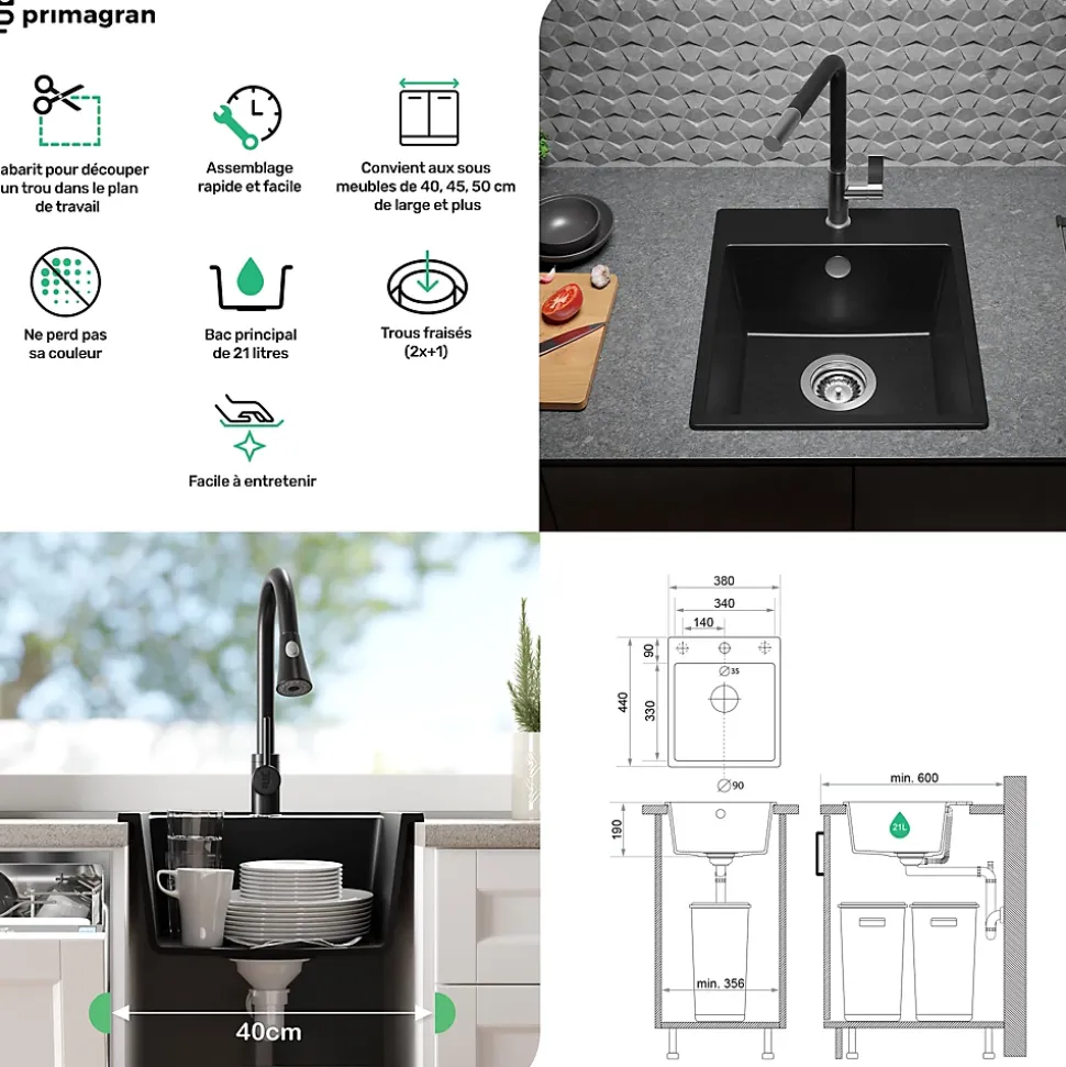 PRIMAGRAN Evier Cuisine en Granit Noir 38x44cm, Lavabo 1 bac + Kit de Vidage, Évier à Encastrer au meuble 40cm - Riga Easy