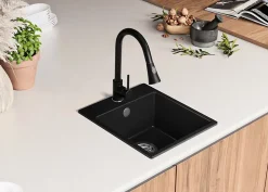 PRIMAGRAN Evier Cuisine en Granit Noir 38x44cm, Lavabo 1 bac + Kit de Vidage, Évier à Encastrer au meuble 40cm - Riga Easy
