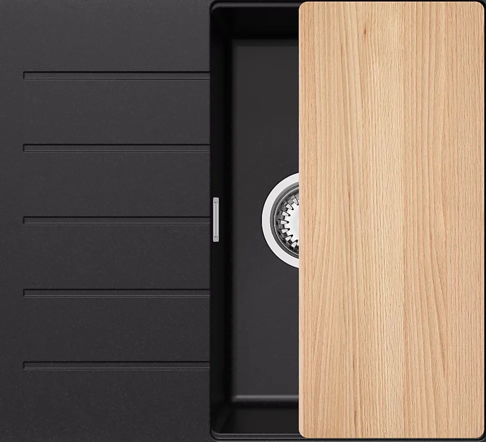 PRIMAGRAN Evier Cuisine en Granit Noir 55x50cm, Lavabo 1 bac + Kit de Vidage + Accessoires, Évier à Encastrer au meuble 40cm