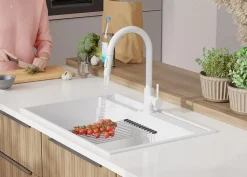 PRIMAGRAN Evier Cuisine en Granit Blanc 78x53cm, Lavabo 1 bac + Kit de Vidage + Accessoires, Évier à Encastrer au meuble 80cm