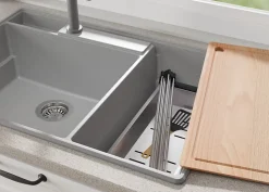 PRIMAGRAN Evier Cuisine en Granit Gris 78x53cm, Lavabo 2 bacs + Kit de Vidage + Accessoires, Évier à Encastrer au meuble 80cm