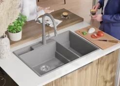 PRIMAGRAN Evier Cuisine en Granit Gris 78x53cm, Lavabo 2 bacs + Kit de Vidage + Accessoires, Évier à Encastrer au meuble 80cm