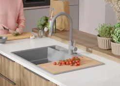 PRIMAGRAN Evier Cuisine en Granit Gris 78x53cm, Lavabo 2 bacs + Kit de Vidage + Accessoires, Évier à Encastrer au meuble 80cm