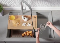 PRIMAGRAN Evier Cuisine en Granit Gris 78x53cm, Lavabo 2 bacs + Kit de Vidage + Accessoires, Évier à Encastrer au meuble 80cm