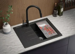 PRIMAGRAN Evier Cuisine en Granit Graphite 62x50cm, Lavabo 1 bac + Kit de Vidage, Évier à Encastrer au meuble 40cm - Milan