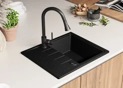 PRIMAGRAN Evier Cuisine en Granit Graphite 62x50cm, Lavabo 1 bac + Kit de Vidage, Évier à Encastrer au meuble 40cm - Milan