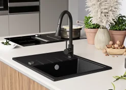 PRIMAGRAN Evier Cuisine en Granit Graphite 62x50cm, Lavabo 1 bac + Kit de Vidage, Évier à Encastrer au meuble 40cm - Milan