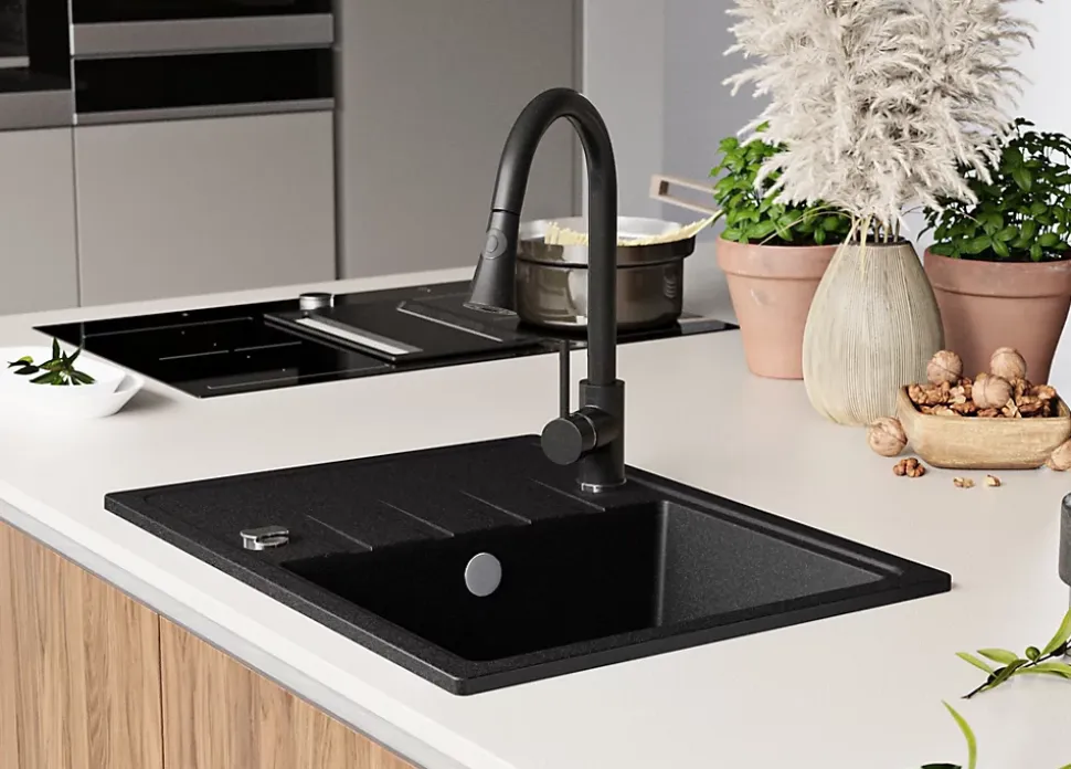 PRIMAGRAN Evier Cuisine en Granit Graphite 62x50cm, Lavabo 1 bac + Kit de Vidage, Évier à Encastrer au meuble 40cm - Milan