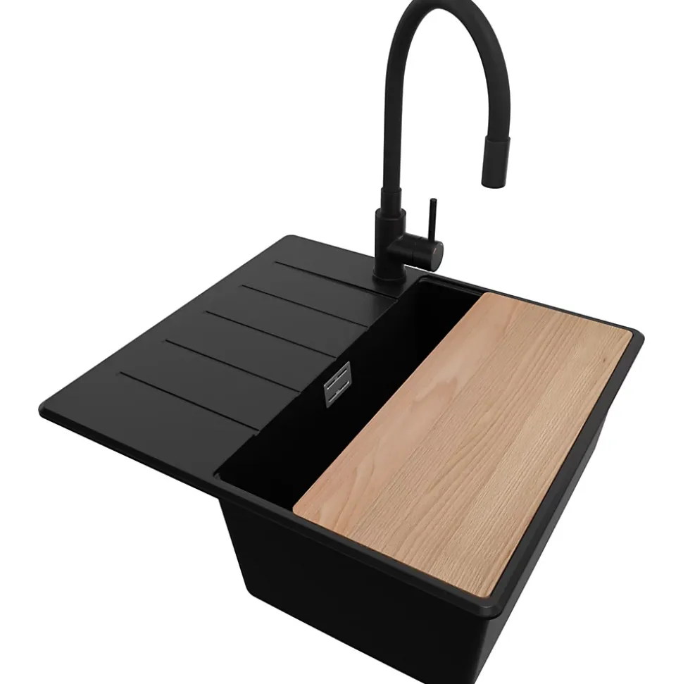 PRIMAGRAN Evier Cuisine en Granit Noir 55x50cm, Lavabo 1 bac + Kit de Vidage + Accessoires, Évier à Encastrer au meuble 40cm