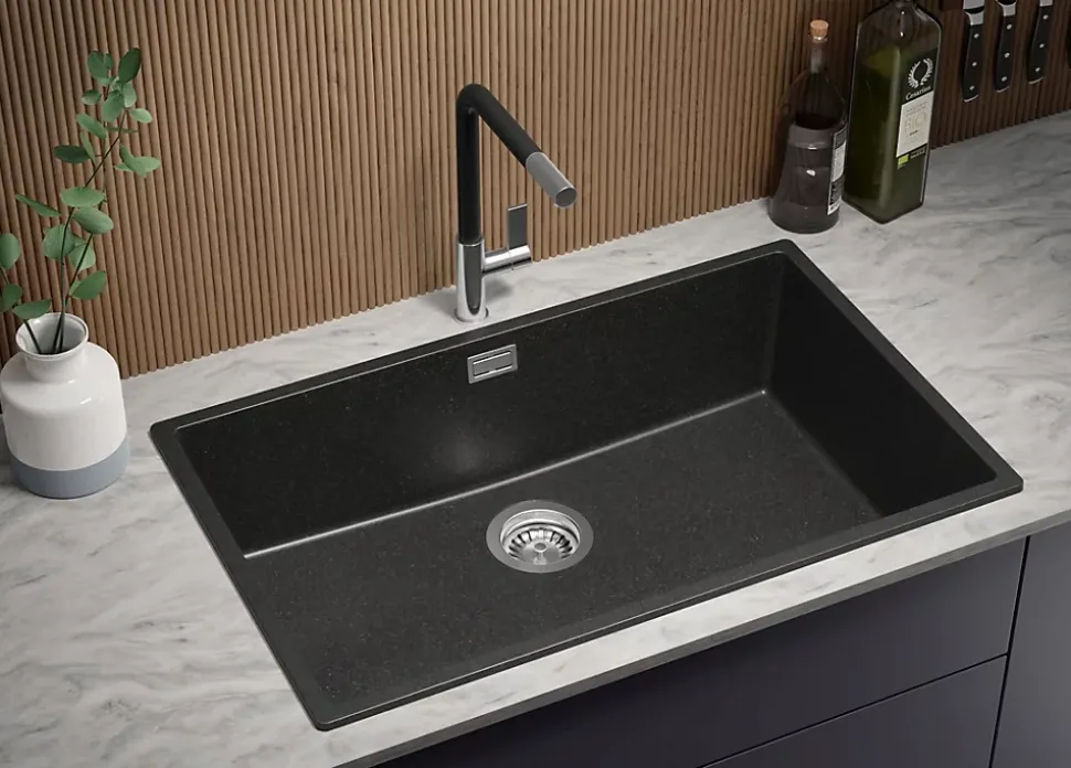 PRIMAGRAN Evier Cuisine en Granit Graphite 76x47cm, Lavabo 1 bac + Kit de Vidage, Évier à Encastrer au meuble 80cm - London Slim