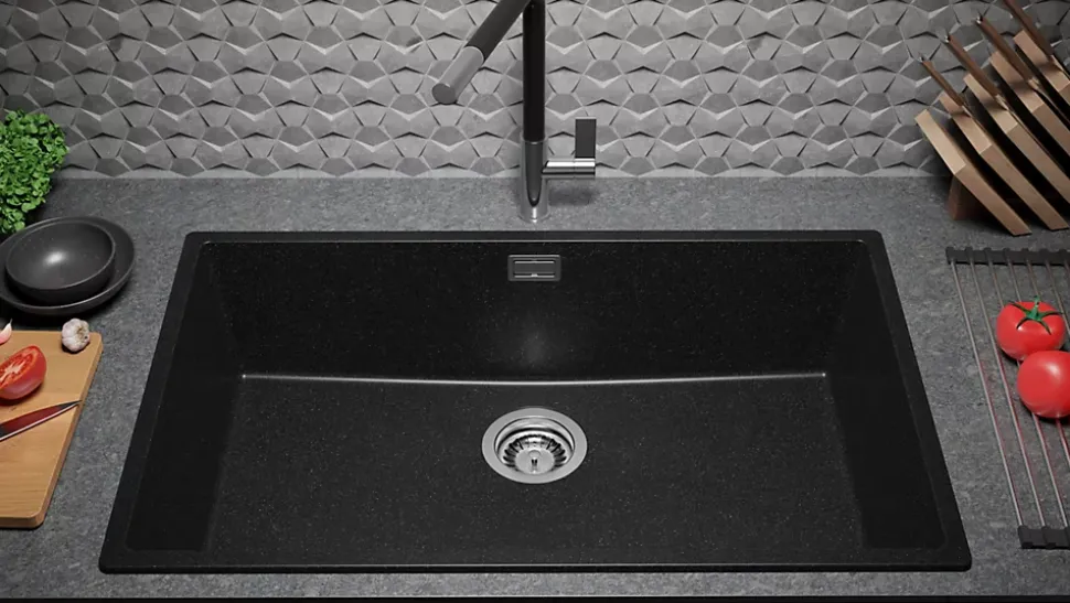 PRIMAGRAN Evier Cuisine en Granit Graphite 76x47cm, Lavabo 1 bac + Kit de Vidage, Évier à Encastrer au meuble 80cm - London Slim