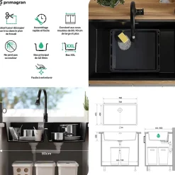 PRIMAGRAN Evier Cuisine en Granit Graphite 76x47cm, Lavabo 1 bac + Kit de Vidage, Évier à Encastrer au meuble 80cm - London Slim
