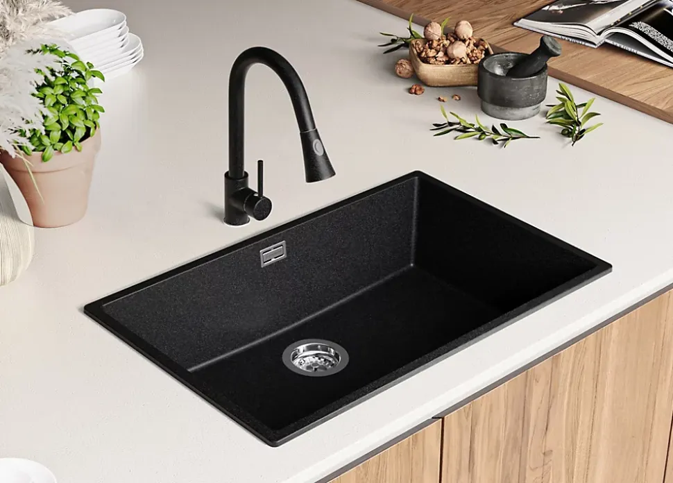 PRIMAGRAN Evier Cuisine en Granit Graphite 76x47cm, Lavabo 1 bac + Kit de Vidage, Évier à Encastrer au meuble 80cm - London Slim