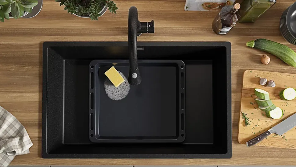 PRIMAGRAN Evier Cuisine en Granit Graphite 76x47cm, Lavabo 1 bac + Kit de Vidage, Évier à Encastrer au meuble 80cm - London Slim